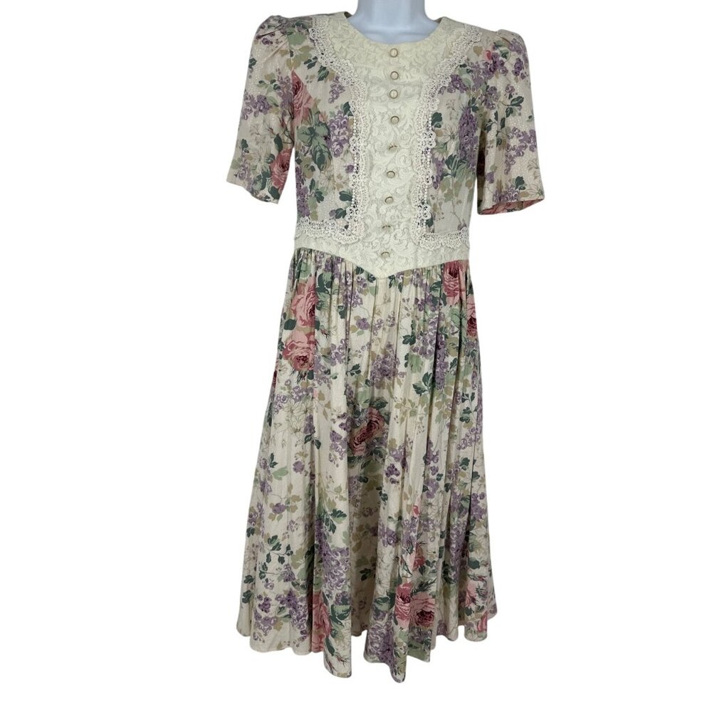 Vintage Lisa II Floral Midi Dress Lace Accents Puff Sleeves Back Zipper Size 6
